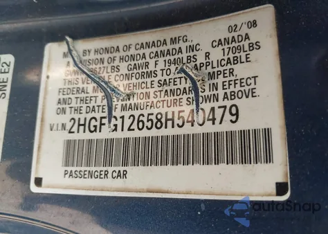 2008 Honda Civic Lx from USA, damaged, VIN 2HGFG12658H540479